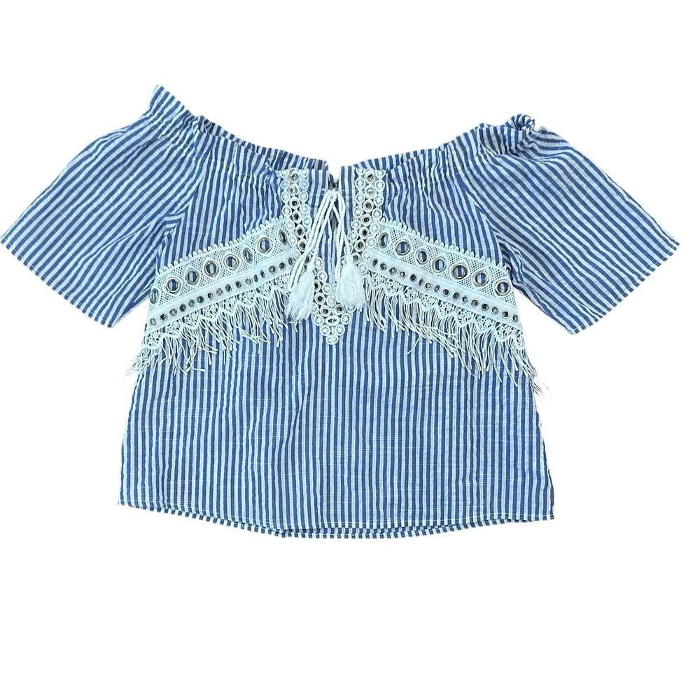 Bohemian western festival vintage off shoulder blue/white‎ fringe blouse large